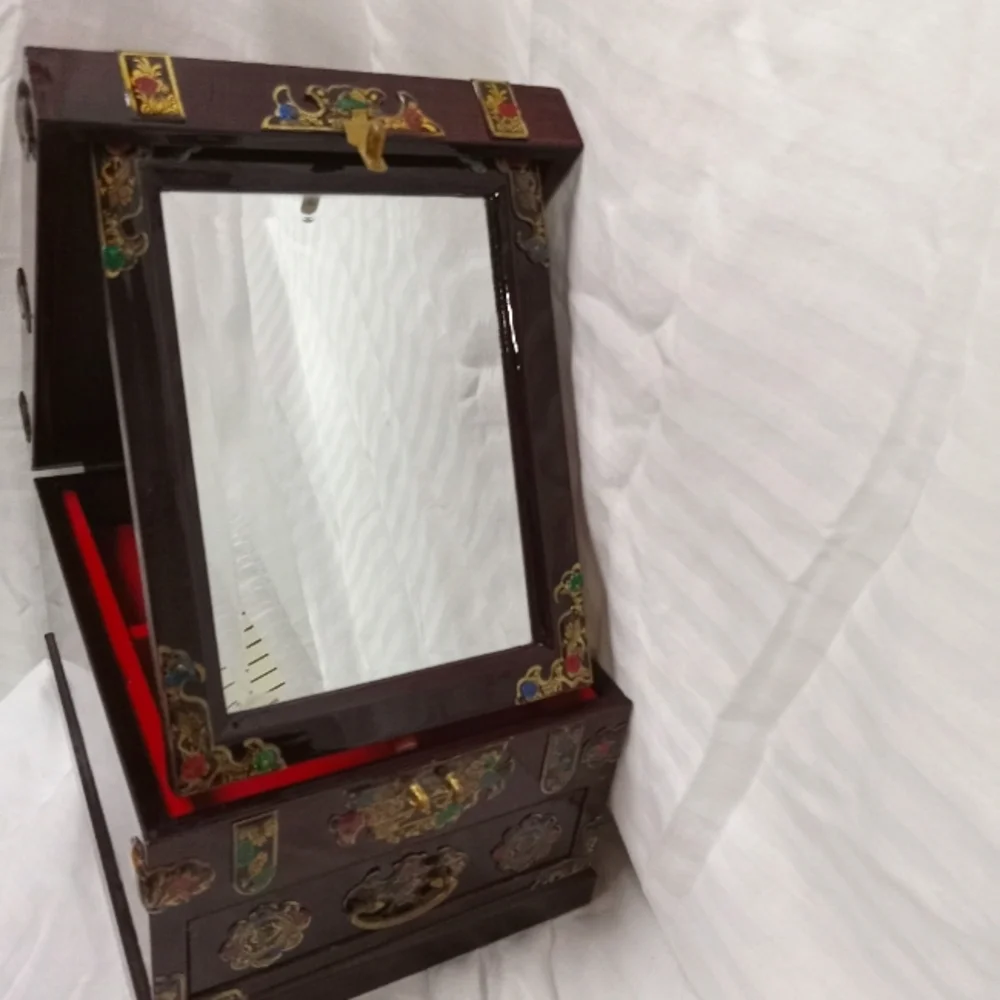 Vintage Asian Style Wooden Jewelry Box with Beveled Mirror